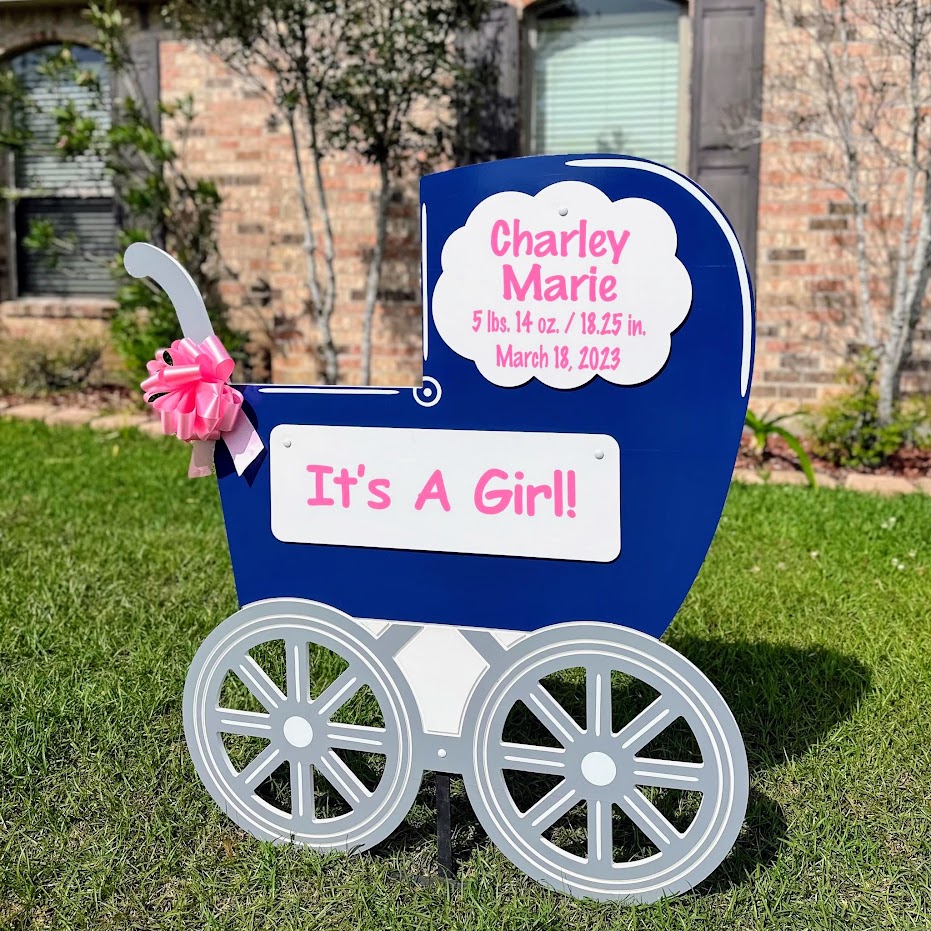 Personalized Baby Yard Signs Navy Carriage in front lawn birth announcement 